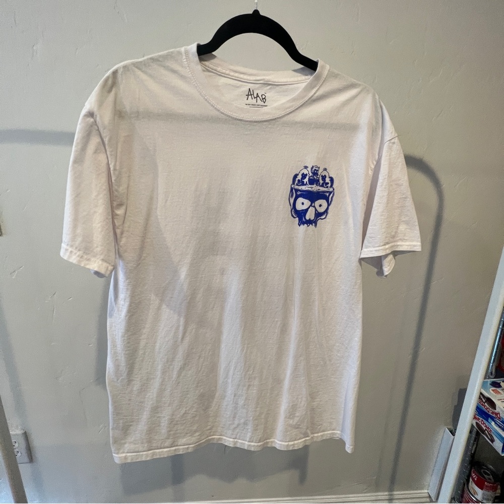 White t shirt with blue decals